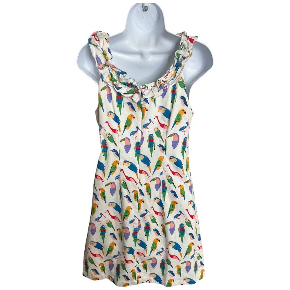 Larke Anthropologie sleeveless shift dress colorful parrots birds ruffle neck XS - Picture 5 of 9